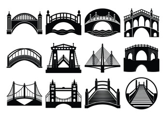 Collection of Bridge Silhouettes in Black and White for Design Elements