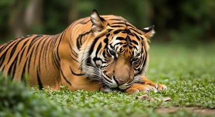 Naklejka premium Majestic tiger resting peacefully in lush green grass.