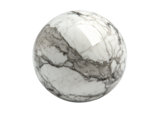 A marble paperweight sphere with gray veining, centered on a white background