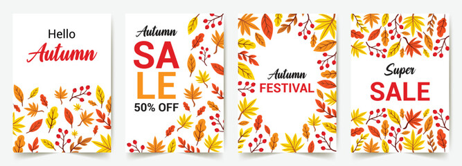 Autumn fall leaf for september shopping sale or promo poster or frame leaflet or social media. Vector set of abstract backgrounds with copy space for text - autumn sale with autumn golden maple leaves