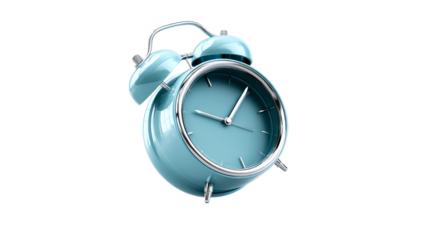 Aqua Blue Twin Bell Alarm Clock with Chrome Accents on White Background, cut out transparent