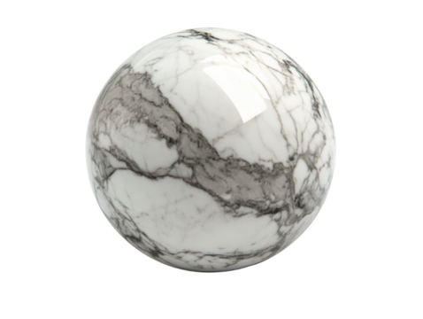 A marble paperweight sphere with gray veining, centered on a white background