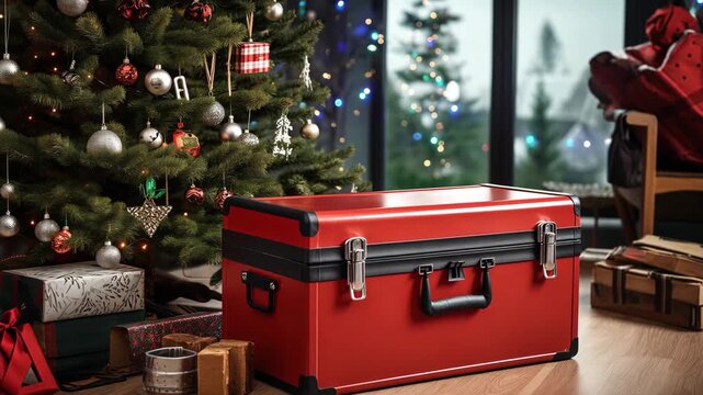 Set of wrenches in red box near Christmas tree with copy space. Merry Christmas and Happy New Years Handy Construction Tools background concept. Tools kit in a big case, toolbox as a Christmas gift