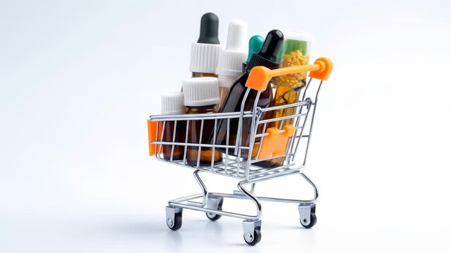 Miniature shopping cart filled with various bottles
