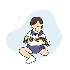 a child playing with a wooden train