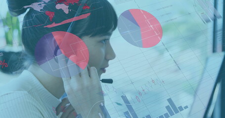 Monitoring call center agent analyzing financial charts on monitor in office, with headset mic