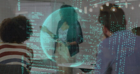 Collaborating technical team examining holographic globe in office, with laptop and floating code