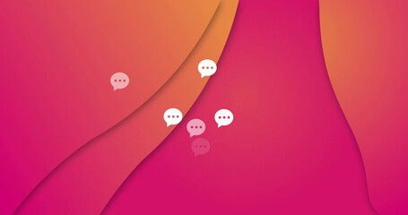 Displaying six white speech bubble icons floating over warm gradient panels, with messaging theme
