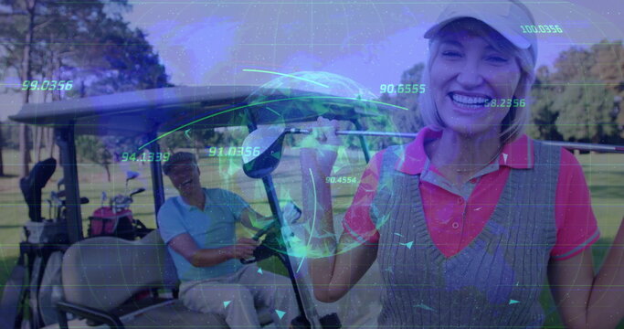 Woman holding golf club upright on golf course cart path, with golf cart and holographic overlay - Powered by Adobe