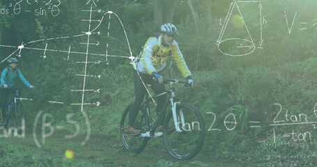 Pedaling adult man wearing yellow jacket and helmet along forest trail, with math overlay