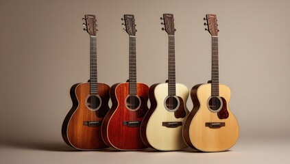 Obraz premium Four acoustic guitars, different wood tones, stand side by side on a plain background