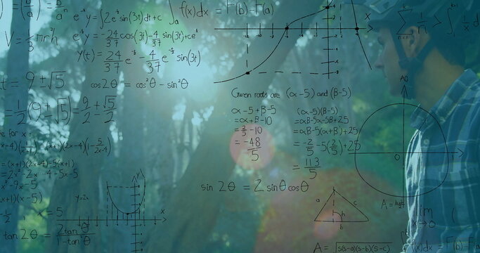 Man wearing glasses, casual shirt analyzing equations on clear board in woods, copy space - Powered by Adobe