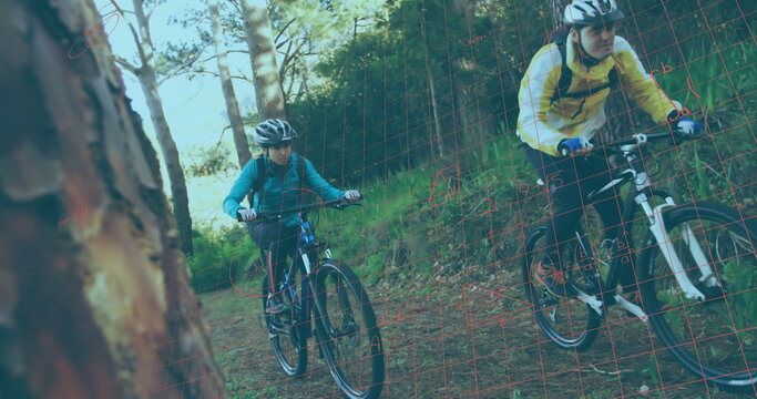 Riding couple navigating pine forest trail, with mountain bikes, helmets, backpacks and gloves - Powered by Adobe