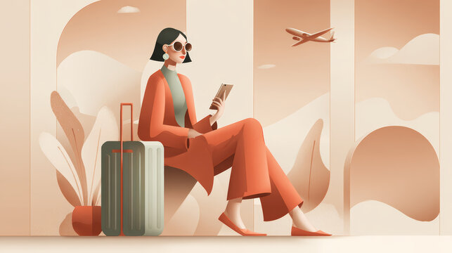 Woman suitcase airport travel waiting stylish sunglasses airplane modern relaxed woman sitting with suitcase airport reading phone airplane flying