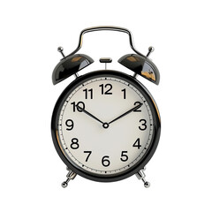 Black alarm clock, front view. Time displayed