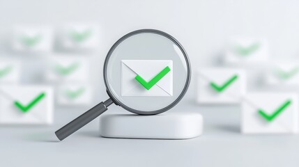 A magnifying glass highlights a checked envelope among several others, symbolizing email verification or successful communication.