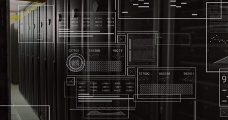 Black server racks standing along left data center aisle, with digital UI overlays, copy space