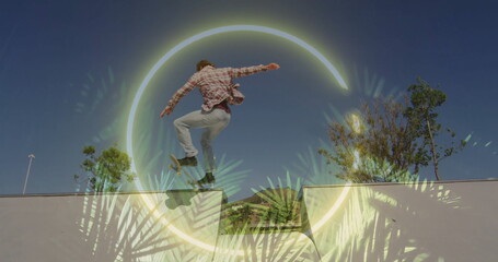 Jumping skateboarder in plaid shirt and cap landing trick over skatepark ramp with circle overlay