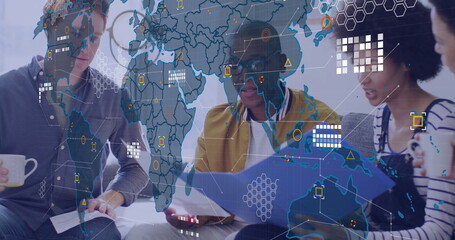 Discussing team of colleagues reviewing reports in office lounge, with mugs, binder, data overlay