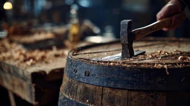 Focused medium shot on steel hoop being hammered into place on an aged oak barrel blurred workbench and wooden shavings creating authentic cooper shop atmosphere behind the scene.