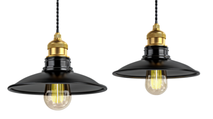 Two vintage Edison style pendant lights with black shades and gold accents hanging against a white background, cut out transparent