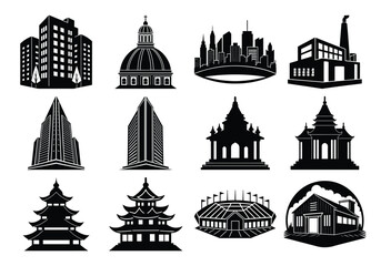 Collection of Black and White Building Silhouette Icons