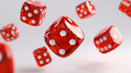 Red dice floating in midair, showing different numbers, glossy surface, playful and dynamic, symbolizing chance and luck