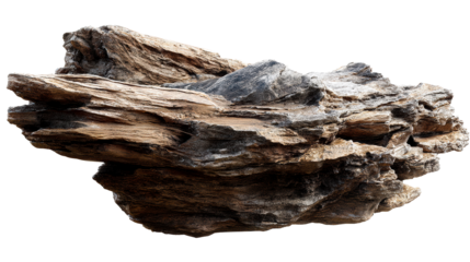Textured weathered driftwood branch with stone elements on white, cut out transparent