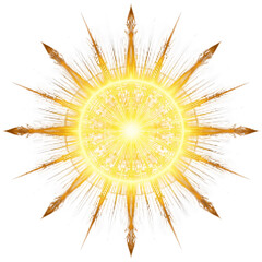 Fototapeta premium Glowing golden radiant sunburst with circular abstract rays on white background, festive star explosion light design