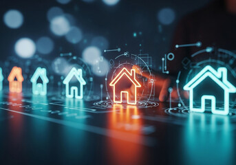Digital real estate network with glowing house icons and bokeh lights