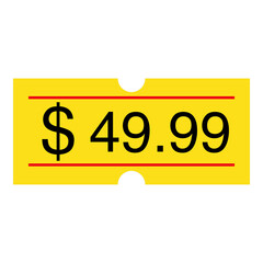 A simple, minimalist image of a yellow price tag or ticket. The tag features two thin red lines and one below the bold black text 