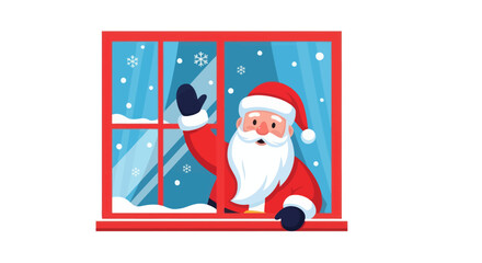 Festive santa waving from a window during snowfall spreading holiday cheer and joy