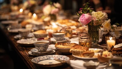 Naklejka premium A long wooden table laden with food, flowers, and candles. Many teacups, saucers, and plates are set. Warm, inviting atmosphere