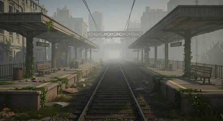 Naklejka premium Abandoned Train Station with Overgrowth