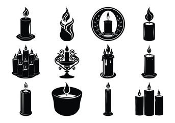 Collection of Black and White Candle Illustrations in Various Shapes and Styles