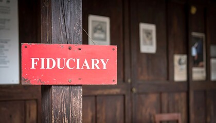 A weathered red sign reading "Fiduciary" hangs on a dark wood post