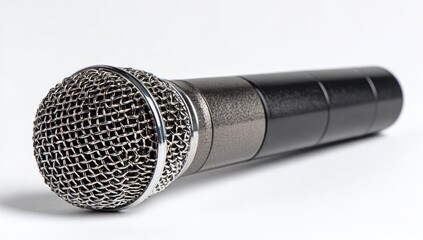 Close-up of a wired microphone.  Gray/silver top, black bottom.  Metal mesh grille.  Studio quality