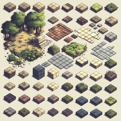 Fototapeta premium Retro Video Game Floor and Wall Tile Set, Vintage Style Gaming Texture, Asset, Interior or Exterior Level Design World Building Pixel Art