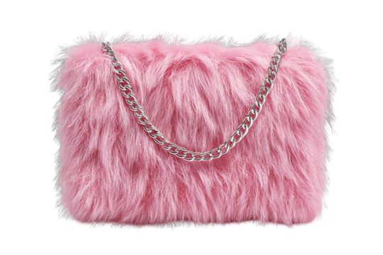 Pink faux fur purse with silver chain