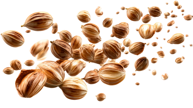 Scattered Coriander Seeds Floating in a White Void, cut out transparent