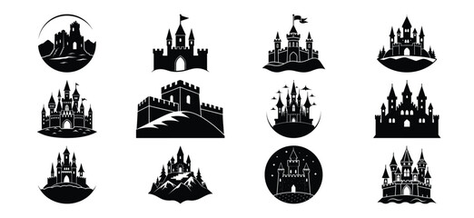 Collection of Black and White Castle Silhouettes for Fantasy and Fairytale Designs