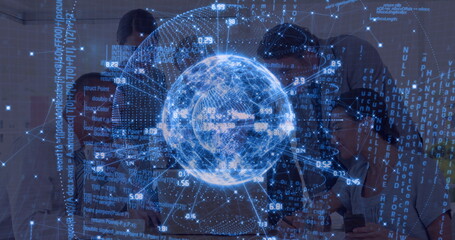 Collaborating professionals analyzing holographic globe in modern office meeting room, with tablet