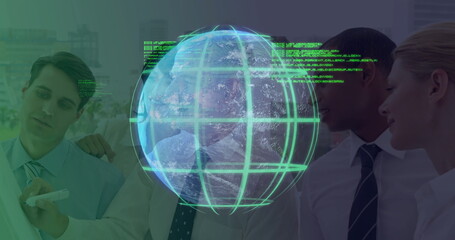Gathering professionals in suits around holographic globe in boardroom, with grid and code overlay