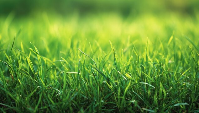 Close-up view of vibrant green grass blades.  Soft sunlight highlights the tips.  Blurred background of more grass