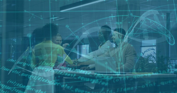 Collaborating team members discussing data in office conference room, with translucent DNA overlay