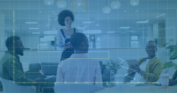 Presenting woman in overalls discussing project in office lounge with tablet laptop and HUD overlay