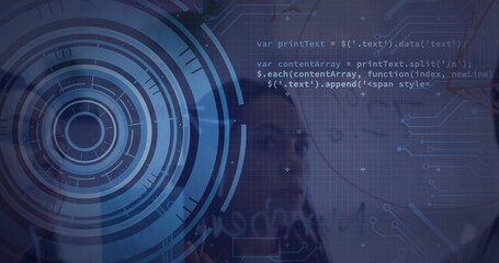 Overlaying circular HUD graphic on professional face in digital interface, with code, copy space