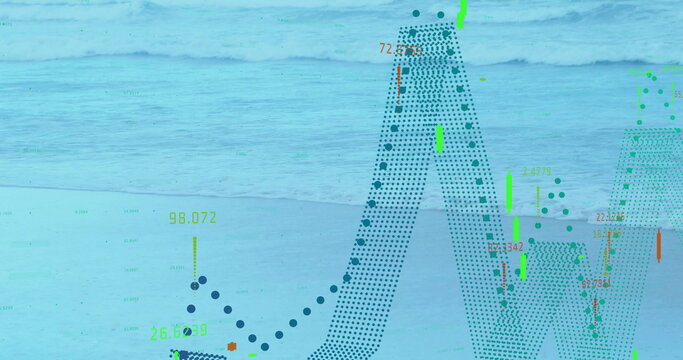 Overlaying translucent data visualization over beach shore and sea, dotted curve with bar charts
