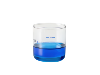 A glass beaker marked with measurement lines, half-filled with blue liquid, on white background