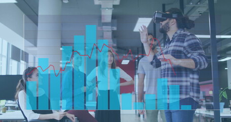 Gesturing tech presenter wearing VR headset demonstrating chart overlay in open office, copy space